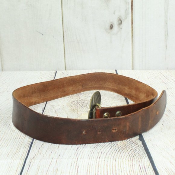 Vintage Brown Leather Belt with Solid Brass Eagle Buckle Size S - Picture 4 of 12